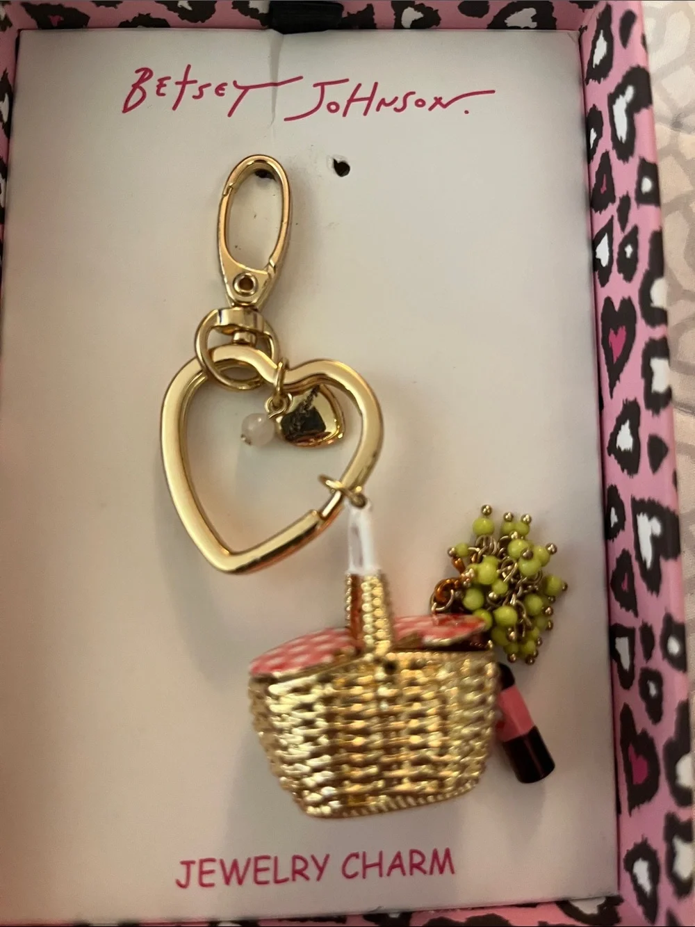 Betsey Johnson Pink Leopard Gift Boxed Picnic Basket  Bag Charm